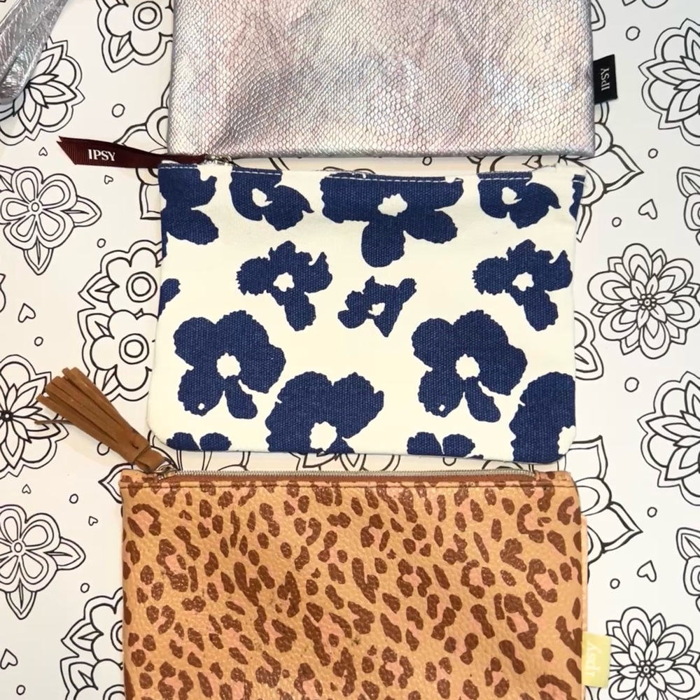 Ipsy Trio Cosmetic Bags - Silver, Blue Floral, Tan Leopard with Tassel